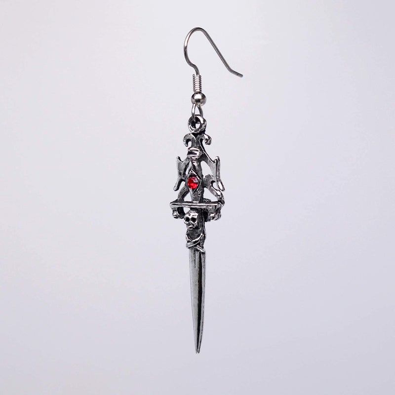 Real Metal Gothic Skull Dagger Medieval Renaissance Dangle Earrings with Red Austrian Crystals - Image 4